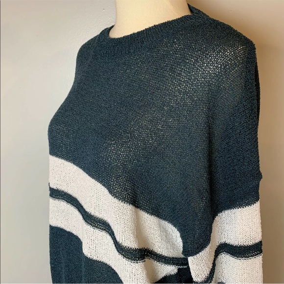 DOE & RAE Lightweight Open Knit Sweater Dark Green White Stripe Size M NWT - Picture 4 of 9